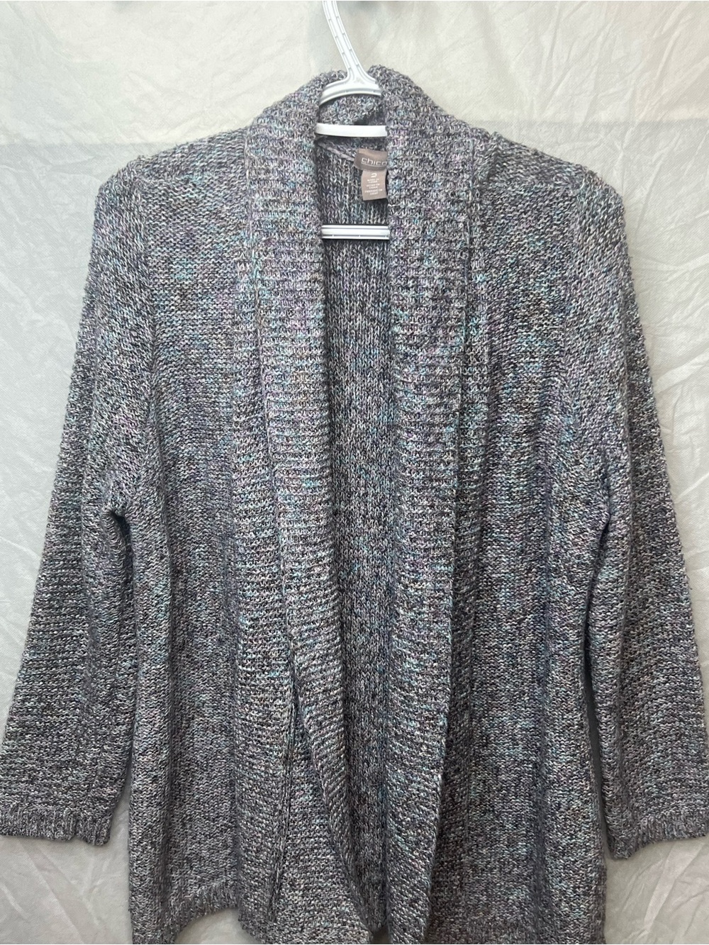 Chico's Gray Blue Pink Marled Knit Cardigan Sweater, Open Front Long, 2